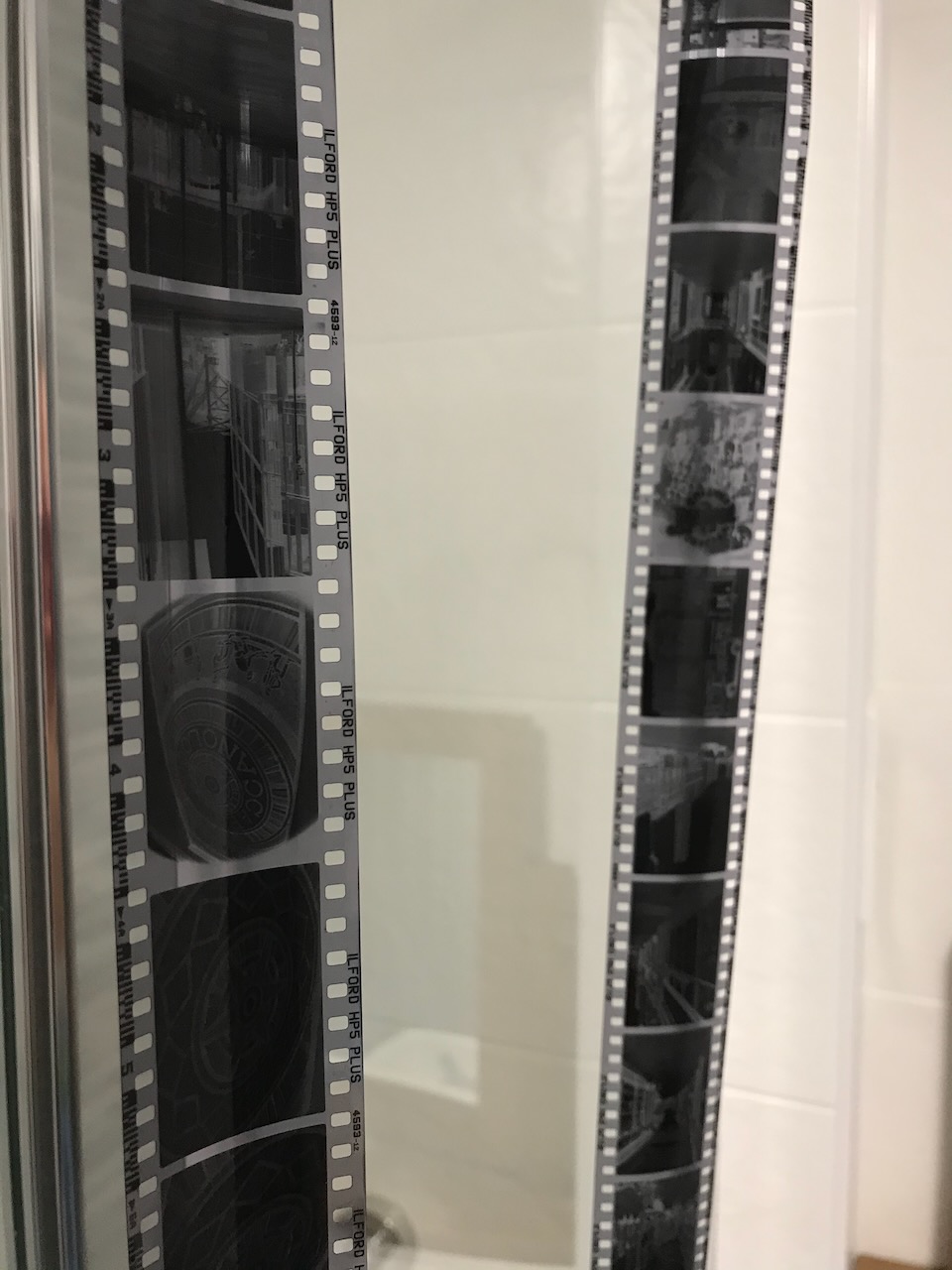 Developed film hanging up to dry