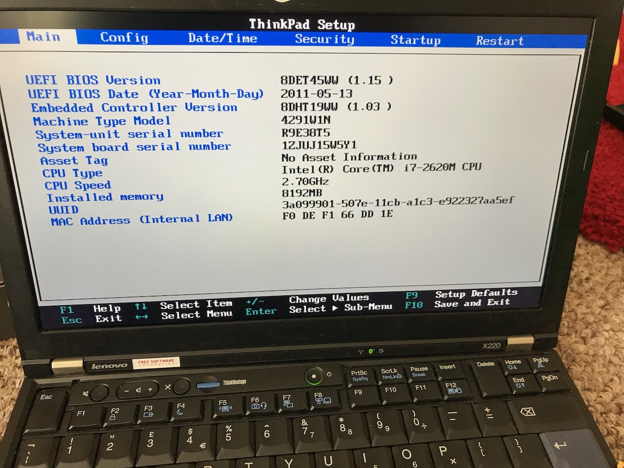 The Stock Thinkpad X220 BIOS screen